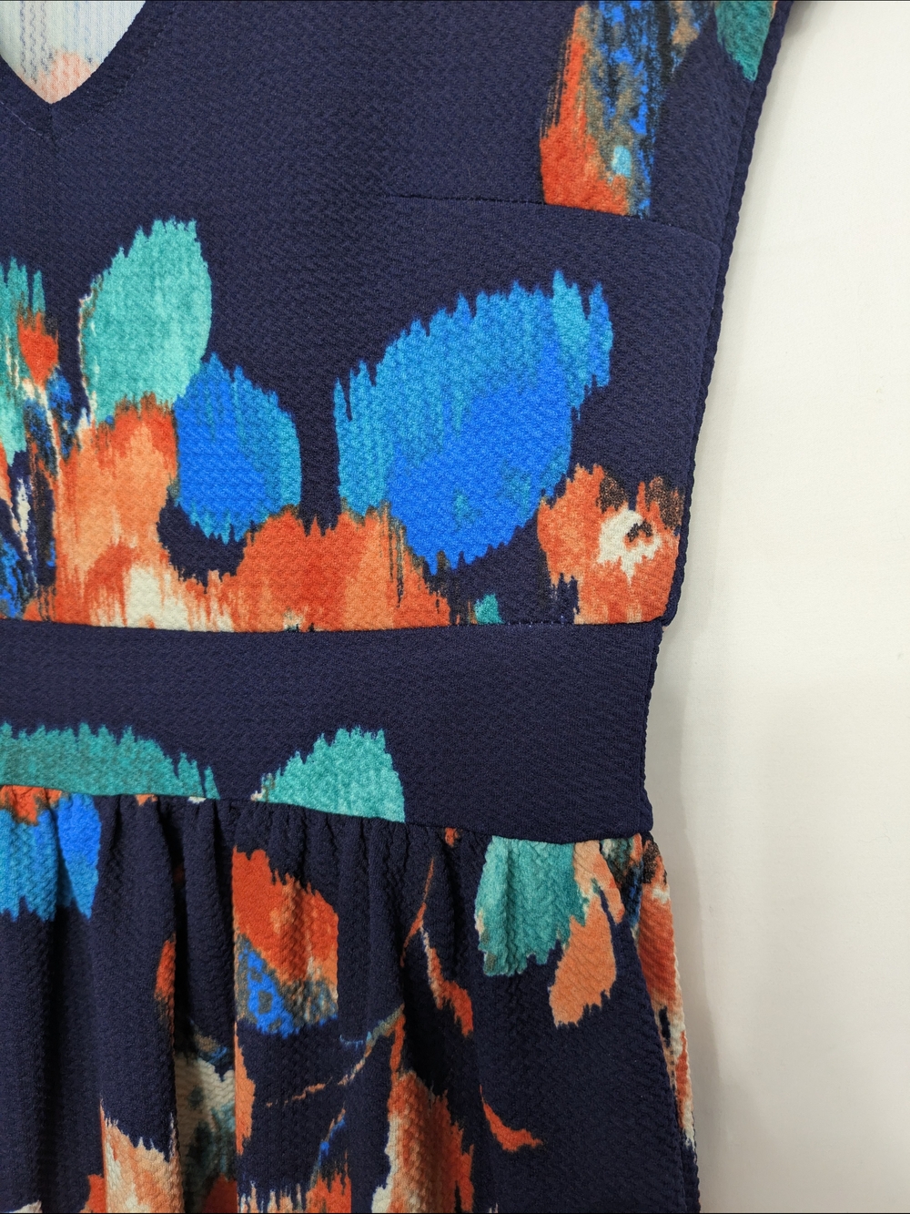 Three Hearts Navy Floral V-Neck Midi Dress with Teal & Coral Accents - Picture 3 of 7